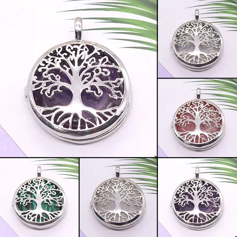 Vintage Hohl Baum Des Lebens Anhänger Halskette Naturstein Kristall Medaillon Kupfer Legierung Modeschmuck Geschenk Für Damen