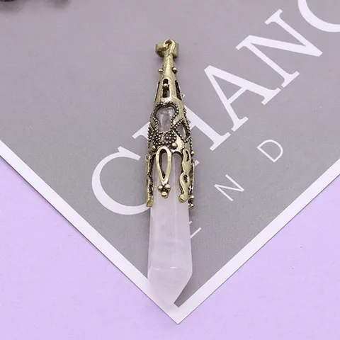Vintage Natural Stone Hexagonal Prism Hollow Electroplated Crystal Pendant DIY Necklace Jewelry Accessories