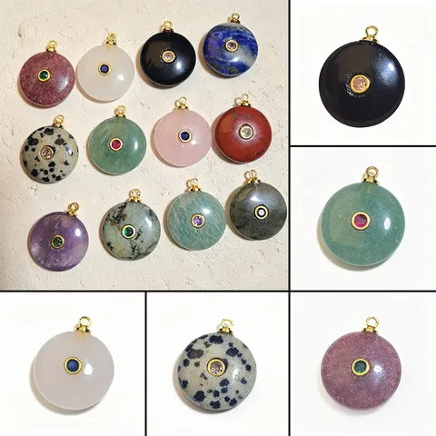 Naturstein Rund Eingelegt Zirkonia Anhänger Retro Mode DIY Schmuck Halskette Zubehör Charms Für Damen Herren Schmuckherstellung