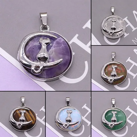 Pendentif Chat Lune en Pierre Naturelle Métal Galvanisé Rond DIY Collier Bijou Accessoire Améthyste Cristal Charme Cadeau