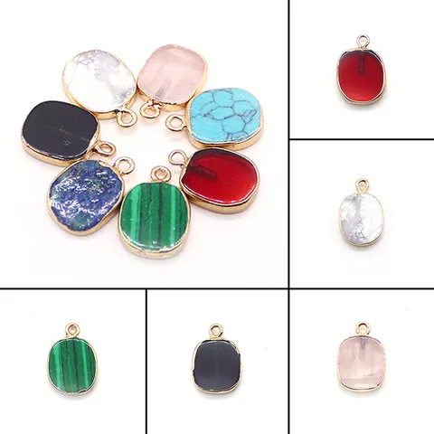 Rectangular Natural Stone Pendant Rose Quartz Malachite Black Agate Copper Electroplated Charm For DIY Jewelry Making
