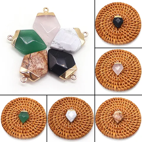 Natural Stone Pentagon Faceted Pendant For DIY Jewelry Making Copper Electroplated Rose Quartz Green Aventurine Black Agate Charms