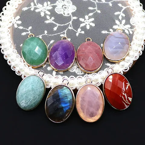 Natural Stone Oval Faceted Agate Pendant Copper Electroplated Crystal Quartz Charms For DIY Jewelry Making Necklace Earrings Accessories
