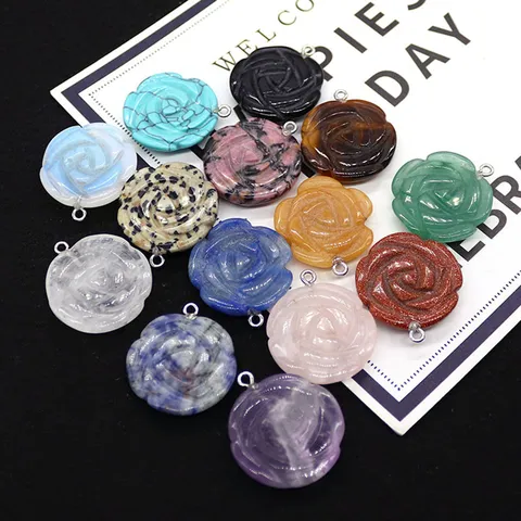 Natural Stone Carved Rose Flower Pendant DIY Necklace Accessory Multi Color Amethyst Opal Turquoise Botanical Floral Jewelry Pendant For Women