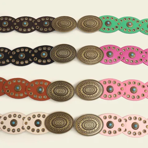 Women Vintage Bohemian Concho Belt PU Leather Zinc Alloy Carved Oval Buckle Turquoise Inlay Wide Waist Belt For Dress Dating