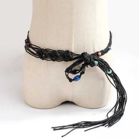Bohemian Ethnic Style Hand Woven Waist Chain For Dresses Women Handmade Braided Waist Rope With Wooden Beads And Tassels Vacation Belt