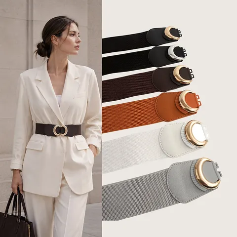 Women Wide Elastic Waist Belt PU Leather Metal Double Ring Buckle Stretchy Cinch Belt For Dresses Ladies Fashion Waistband