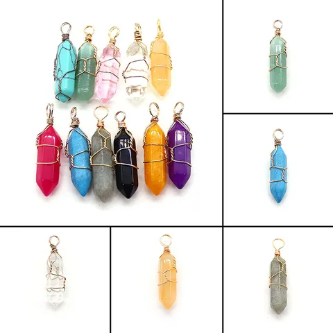 Colgante de Columna Hexagonal de Piedra Natural Envuelto en Alambre de Cobre Dijes de Punta de Cristal para Fabricación de Joyas de Collar DIY