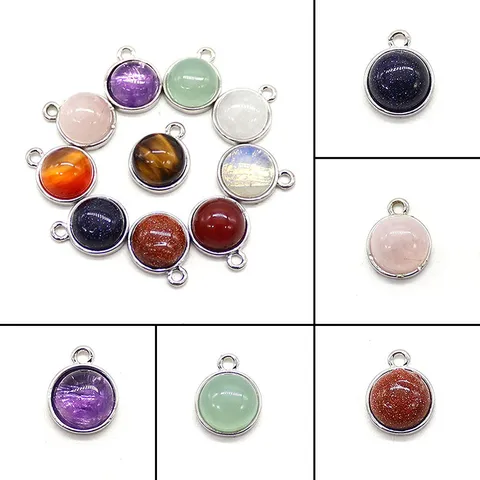 Natural Stone Round Charms Copper Electroplated Base Round Pendant Jewelry Findings For DIY Necklace Bracelet Making Findings Supplies