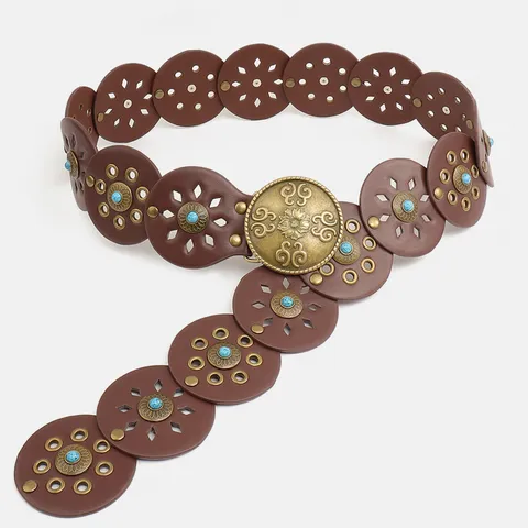 Vintage Western Cowboy PU Leather Corset Belt For Women Circular Patchwork Wide Waistband With Zinc Alloy Carved Buckle Rhinestone Turquoise Accent Decorative Dress Belt