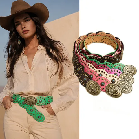 Women Vintage Bohemian Concho Belt PU Leather Zinc Alloy Carved Oval Buckle Turquoise Inlay Wide Waist Belt For Dress Dating
