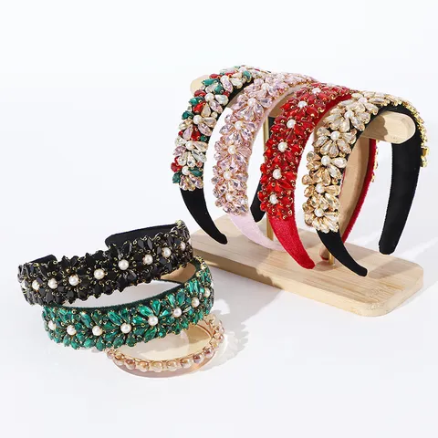Baroque Vintage Colorful Glass Rhinestone Headband For Women Padded Velvet Artificial Pearl Hair Band Luxury Hair Accessories