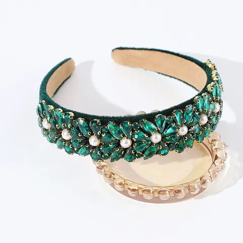 Baroque Vintage Colorful Glass Rhinestone Headband For Women Padded Velvet Artificial Pearl Hair Band Luxury Hair Accessories