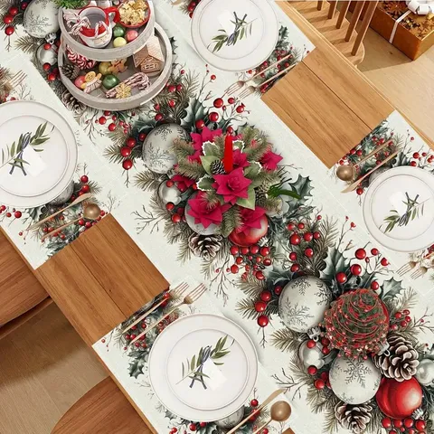 Christmas Table Runner Holiday Snowman Gingerbread Man Printed Tablecloth Winter Seasonal Home Dining Table Decoration