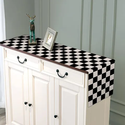 Chemin de Table en Lin Moderne Minimaliste Noir et Blanc Géométrique Rayé à Carreaux Nappe pour Salle à Manger Décoration Maison