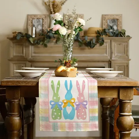 Easter Bunny Table Runner Linen Floral Plaid Tablecloth For Kitchen Dining Room Home Holiday Party Table Decoration