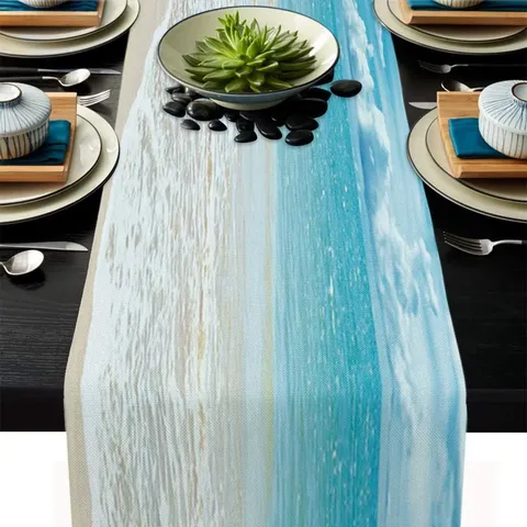 Camino de Mesa de Ola de Playa de Verano Estilo Nórdico Poliéster Impreso Digitalmente Mantel para Decoración de Comedor