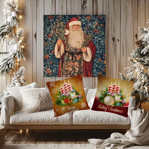 Funda de Cojín Decorativa de Navidad Estilo Nórdico Funda de Almohada Vela Festiva Nieve Estampado Sofá Decoración del Hogar