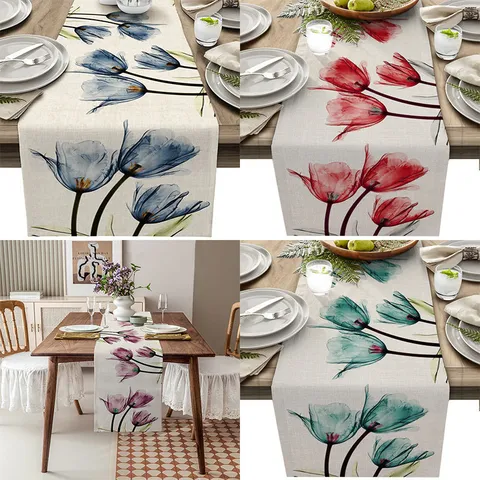 Camino de Mesa de Lino con Flor de Tulipán Moderno Minimalista Mantel Floral Comedor Decoración del Hogar Camino de Mesa