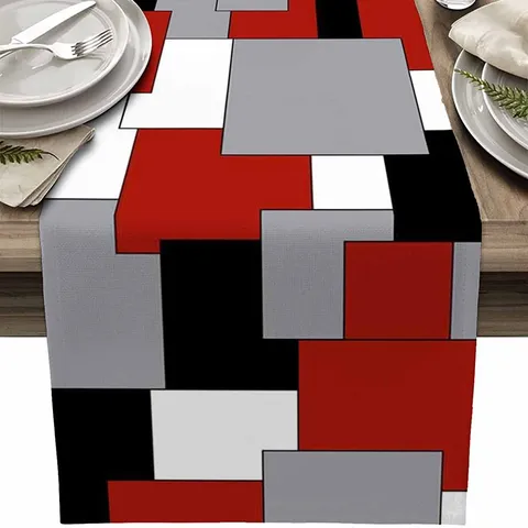 Camino de Mesa de Lino con Diseño Geométrico a Cuadros Rojo Negro Gris Blanco Mantel Alfombrilla de Mesa para Comedor Cocina Decoración