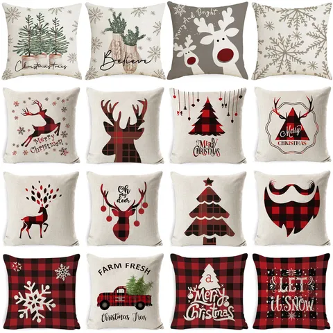 Housse de Coussin Décorative de Noël en Lin Flocon de Neige et Renne pour Canapé Maison