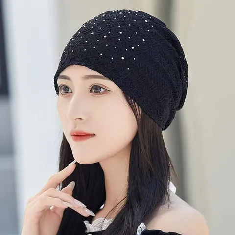 Women Slouchy Beanie Hat Lightweight Polyester Lace Turban Hat With Rhinestone Hollow Out Beanie Cap For Outdoor Sun Protection