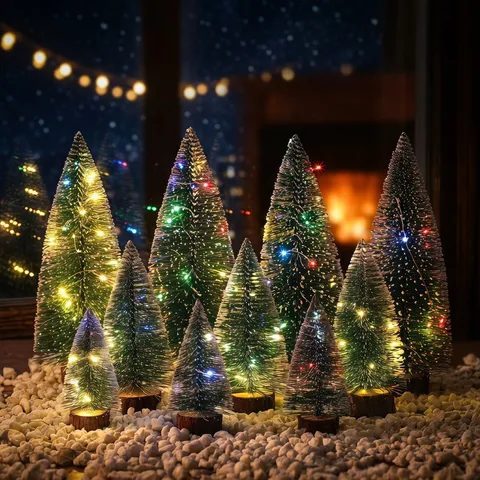 Mini Albero di Natale Innevato Con Base in Legno LED Luminoso Albero di Aghi di Pino Artificiale Decorazione Finestra