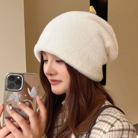 Damen Winter Warme Plüsch Mütze Verdünnte Modische Einfarbige Winddichte Weiche Pelzige Pullover Kappe Tägliche Outdoor Kleidung