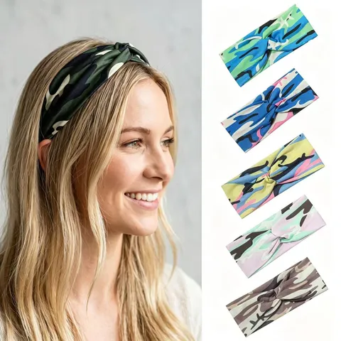 Fascia Larga Stampata Camouflage da Donna Elastico Nodo Yoga Sport Assorbimento Sudore Corsa Fitness Fascia per Capelli Turbante