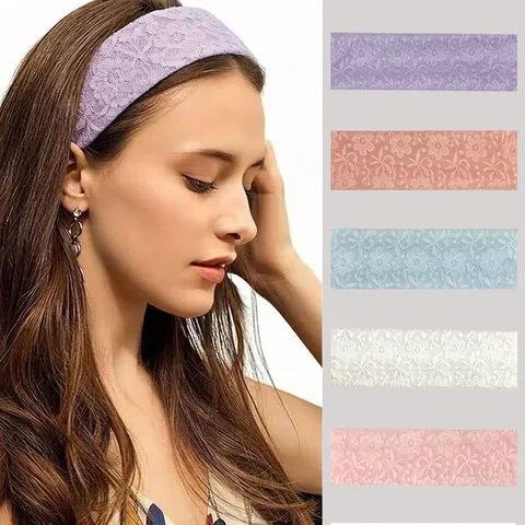 Fascia per Capelli in Pizzo Dolce da Donna Elastica Larga con Fiori Assorbi Sudore Morbida per Trucco Lavaggio Viso