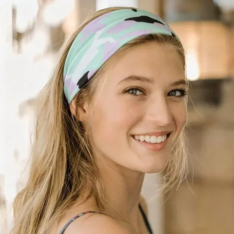 Fascia Larga Stampata Camouflage da Donna Elastico Nodo Yoga Sport Assorbimento Sudore Corsa Fitness Fascia per Capelli Turbante