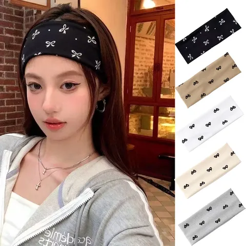 Fascia Sportiva in Poliestere Stampato Fiocco Stile Coreano Donna Ampia Assorbente Sudore Turban Fascia Capelli Copricapo