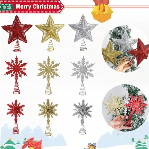 Glitzer Eisen Weihnachtsbaumspitze Stern Hohl Schneeflocke Baumspitze Ornament Für Weihnachtsbaum Party Haus Deko