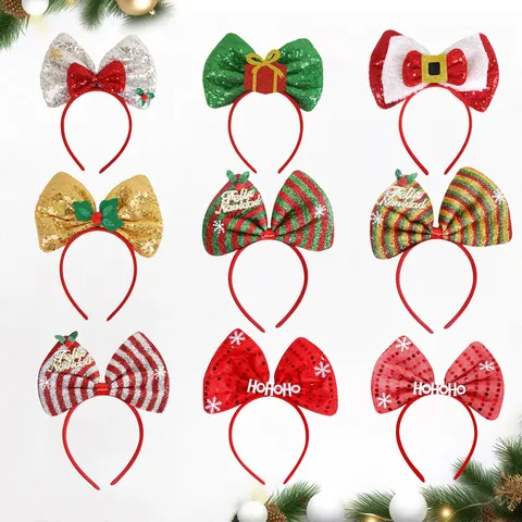 Weihnachten Pailletten Große Schleife Stirnband Feliz Navidad HOHOHO Bowknot Haarreif Party Dekoration Für Erwachsene Kinder Kopfschmuck