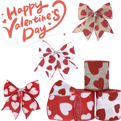Valentinstag Herz Druck Band Verdrahtete Kante Polyester Leinen Schleife Für Geschenkverpackung DIY Handwerk Hochzeit Party Dekor