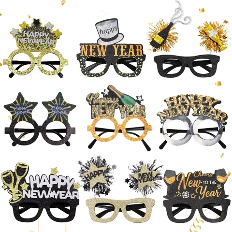 Happy New Year Party Brille Glitzer Schwarz Gold Kostüm Brillengestell Für Countdown Feier Fotografie Requisiten Feiertagsdekorationen