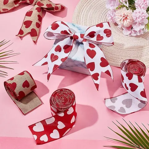 Valentinstag Herz Druck Band Verdrahtete Kante Polyester Leinen Schleife Für Geschenkverpackung DIY Handwerk Hochzeit Party Dekor