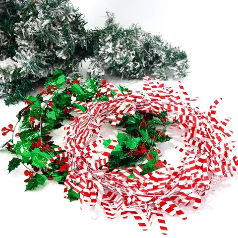 Weihnachts-Lametta-Girlande Stechpalmenblatt Beere Lametta Girlande Schneeflocke Zuckerstange Metalldraht Rebe Für Weihnachtsbaumdeko Party Hängende Deko