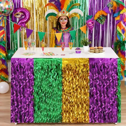 Mardi Gras Carnival Table Skirt Purple Green Gold Metallic Foil Fringe Curtain Wave Shape Party Backdrop Table Decoration
