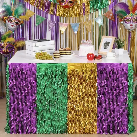 Mardi Gras Carnival Table Skirt Purple Green Gold Metallic Foil Fringe Curtain Wave Shape Party Backdrop Table Decoration