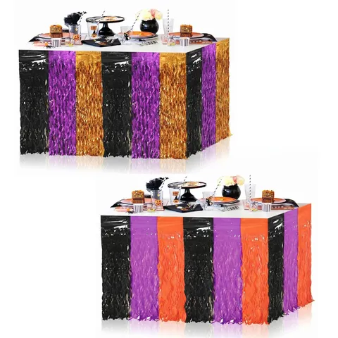 Halloween Wavy Tassel Table Skirt Black Purple Orange Metallic Fringe Tablecloth For Festive Party Table Decoration PET Material