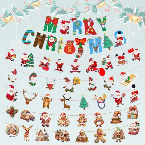 Cartoon Weihnachten Papier Banner Girlande Merry Christmas Buchstabe Weihnachtsmann Rentier Lebkuchenmann Party Hängende Dekoration