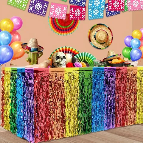 Rainbow Foil Fringe Table Skirt Metallic Tassel Table Skirting For Mexican Cinco De Mayo Birthday Party Decorations Wedding Event Supplies