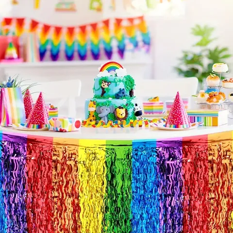 Rainbow Foil Fringe Table Skirt Metallic Tassel Table Skirting For Mexican Cinco De Mayo Birthday Party Decorations Wedding Event Supplies