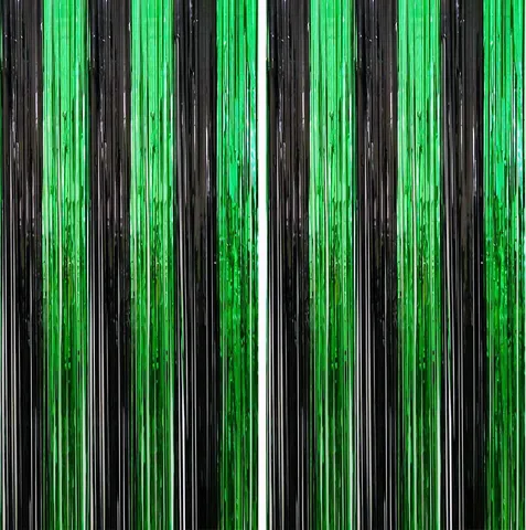 Green Black Bicolor Patchwork Fringe Curtain Metallic Foil Tinsel Background Backdrop For Halloween Birthday Party Decor