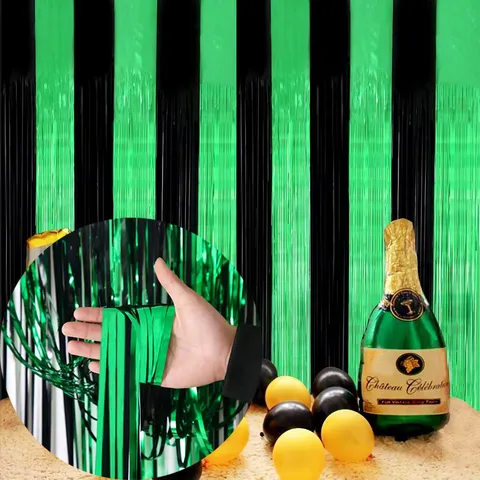 Green Black Bicolor Patchwork Fringe Curtain Metallic Foil Tinsel Background Backdrop For Halloween Birthday Party Decor