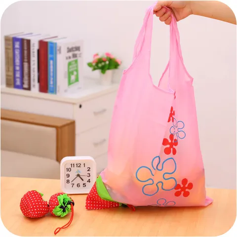 Foldable Shopping Bag Cute Strawberry Pouch Tote Bag Waterproof Polyester Reusable Grocery Bag Portable Travel Handbag