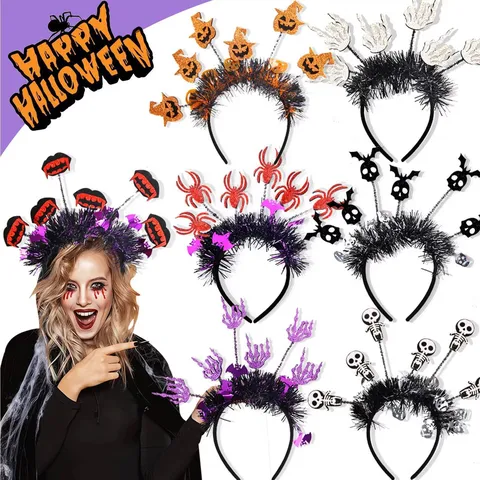 Halloween Party Headband Funny Skeleton Pumpkin Spider Bat Tinsel Hair Hoop Children Holiday Costume Decoration Props