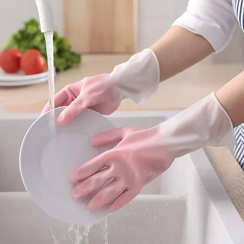 Gradient Waterproof PVC Household Cleaning Gloves For Women Anti Slip Dishwashing Laundry Long Sleeve Gloves