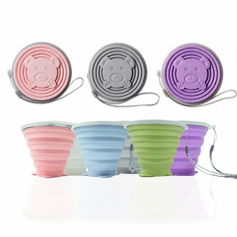 Portable Silicone Folding Cup 270ml Retractable Travel Water Cup Food Grade Outdoor Drinkware With Lanyard Bear Design